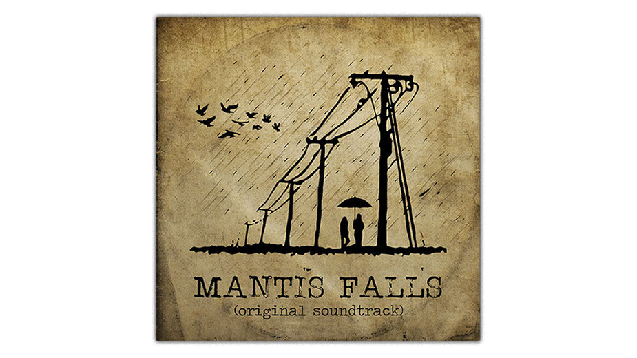 Mantis Falls Original Soundtrack album cover showing two people silhouetted adn walking under an umbrella in the rain under powerlines as birds fly by. 